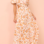 Elastic puff sleeves pleated waist back hollow sweet long skirt