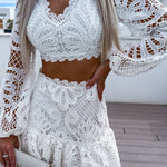 Long Sleeve Crop Top and Mini Skirt Two Piece Set in White Lace