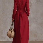 High Waisted Long Sleeves Buttoned Pleated Pockets Solid Color Split-Joint Lapel Maxi Dresses