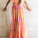 Pink Tie Strap Plaid & Striped Smocked Maxi Dress