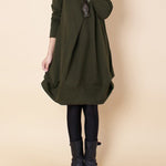 A-line Long Sleeves Pleated Solid Color Round-neck Dresses Maxi Dresses