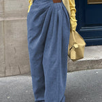 Loose Pleated Solid Color Jean Pants Bottoms Trousers