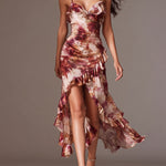 Asymmetric Hem Ruffled Tie-Dye Satin Slip Dress