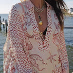 Live By Water Satin Unique Print Tassle Shirt and Elastic Waist Shorts Set