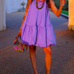 High Waisted Loose Pleated Solid Color Round-Neck Mini Dresses
