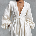 Women's Relaxed-fit White Pure Cotton Long Dress With A Cinched Waist
