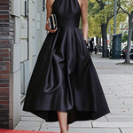 A-Line High-Low High Waisted Pleated Pockets Solid Color Halter-Neck Maxi Dresses