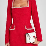 Girly and Glamorous Tweed Fabric Pearl Trim Long Slit Sleeve Pocketed Mini Dress