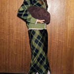 Holiday plaid Satin Unique Print Patchwork Lace Stretch Waist Draped Maxi Skirt