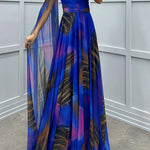 Lucia Unique Print Floral Detail One Shoulder Draped Sleeve Gown Maxi Dress