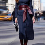 Tie-waisted elegant long woolen dress
