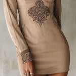 Vintage Beige Zip-Up Embroidered Microsuede Mini Dress With Pockets