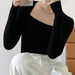 Long Sleeves Skinny Solid Color Square-Neck T-Shirts Tops