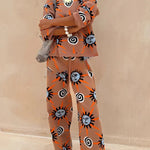 Mediterranean Art Knit Unique Sun Vortex Print Long Sleeve Relaxed Sweater