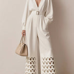 Long Sleeves Puff Sleeves Belted Hollow Solid Color Deep V-Neck Jumpsuits