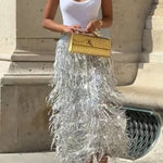 Evening Charm Layered Sequined Tassels High Rise Back Zipper Slit Midi Skirt
