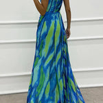 Amazing Views Watercolor Print Feather Rose Detail Off Shoulder Pleated Slit Maxi Dress