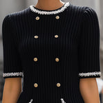 Elegant Ribbed Knit Mini Dress With Silver Trim And Gold Button Details