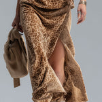 Leopard Print Crew Neck Sleeveless Vest And Split-hem Velvet Skirt Set