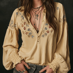 Casual Yellow Floral Embroidered Cotton Shirt