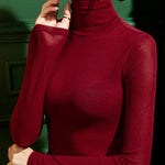 Long Sleeves Plus Size See-Through Solid Color Split-Joint High Neck T-Shirts