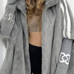 Hooded faux fur patchwork knit cardigan