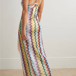 Playful Knit Colorful Zigzag Pattern Halter Slit Tassle Trim Maxi Dress