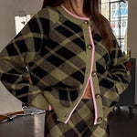 Holiday Plaid Knit Color-blocked Trim Button Long-sleeved Loose Cardigan