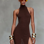 Women's Minimalist Knitted Turtleneck Sleeveless High Slit Sheer Maxi Dres