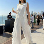 Loose Sleeveless Pleated Ruffled Solid Color Split-Joint Round-Neck Jumpsuits