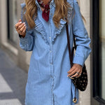Spectacular Tencel Denim Dress with Front Ruffle in V-Neck