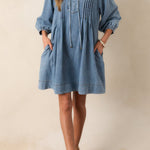 Fate Would Have It Denim Playful Pleats Pocket A-line Mini Dress
