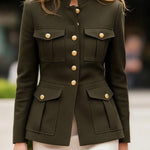 Long Sleeves Buttoned Pleated Pockets Solid Color Stand Collar Outerwear