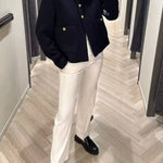 Round Neck Slim Fit Colorblock Women's Button Jacket