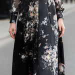 Printed Satin Shirt Midi Dress With Chiffon Sleeves