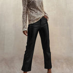 Sinclair Metallic Faux Leather High Rise Pocketed Straight Pants