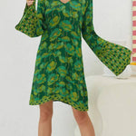 V-neck Bell Sleeve Green Floral Print Dress