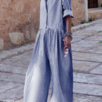 Long Sleeves Loose Buttoned Plaid Pleated Split-Joint Lapel Jumpsuits