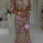 Fashionable Embroidered Flower Sequined Crop Top and Elegant Sheer Maxi Skirt Set