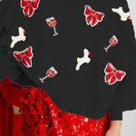 Christmas Bow Wine Glass Sequin Loose Long Sleeve Sweatshirt
