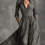 Women's Grey Sophisticated Tartan - Patterned Linen - Blend Flared Maxi Dress