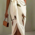 White Leaf Short Sleeve Satin Wrap Sheath Midi Dress
