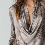Vintage Leopard Print Floral Cowl Neck Polyester Satin Blouse