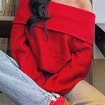 Sexy Slim Fit Solid Color Pullover Sweater with Off-shoulder Neckline