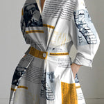 Long Sleeves Loose Newspaper Print Pleated Tied Waist Lapel Midi Dresses Shirt Dress
