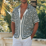 Men's Summer Casual Tencel Cotton Printed Lapel Short Sleeve Shirt