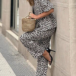 Enjoy Everyday Leopard Print Puff Sleeve Babydoll Top and Elastic Waist Pocketed Pant Set