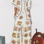 Lakeside Breeze Linen Blend Unique Print Short Sleeve Button Oversized Blouse