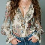 Vintage Ruffles Sleeves Floral Chiffon Blouse With Lace Trim