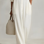 Women's Cream Textured Dress With Button-Front Detail & Relaxed Fit, Modern Casual-Chic Style Maxi Dress